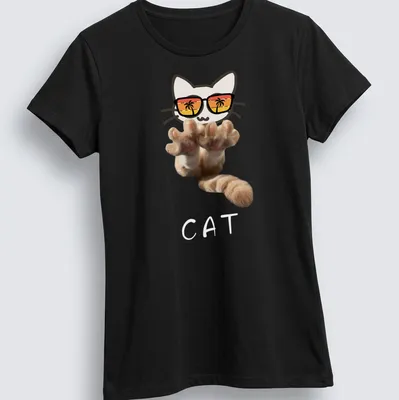 Kawaii line-art of a cute kitten with sunglasses and a paw design — printed on a women's shirt