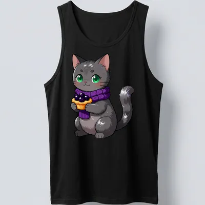 Kawaii style Nebelung cat holding a blackberry tart in gray, purple, and green — printed on a tank top
