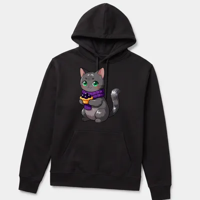 Kawaii style Nebelung cat holding a blackberry tart in gray, purple, and green — printed on a unisex hoodie