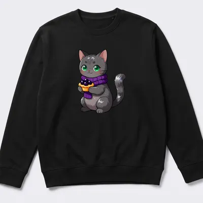 Kawaii style Nebelung cat holding a blackberry tart in gray, purple, and green — printed on a unisex sweatshirt
