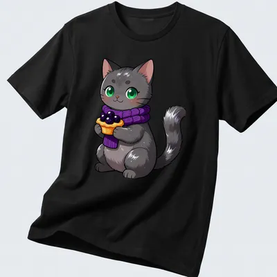 Kawaii style Nebelung cat holding a blackberry tart in gray, purple, and green