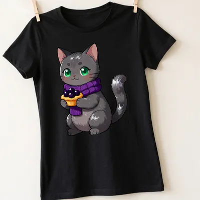 Kawaii style Nebelung cat holding a blackberry tart in gray, purple, and green — printed on a women's shirt