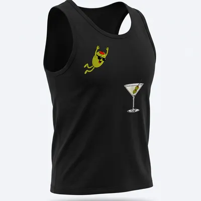 Cartoon olive diving into a dirty martini cocktail, illustrated in green, black, white, and red — printed on a tank top