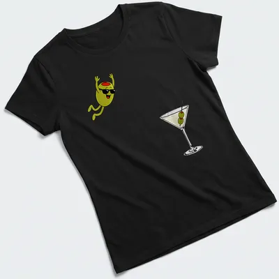 Cartoon olive diving into a dirty martini cocktail, illustrated in green, black, white, and red — printed on a women's shirt