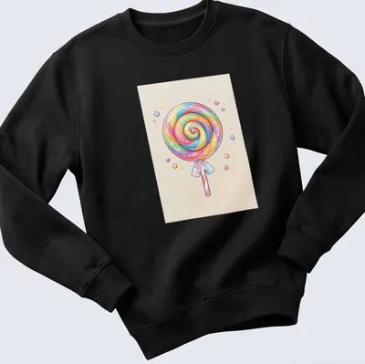 Kawaii pastel rainbow swirl lollipop design on a — printed on a unisex sweatshirt
