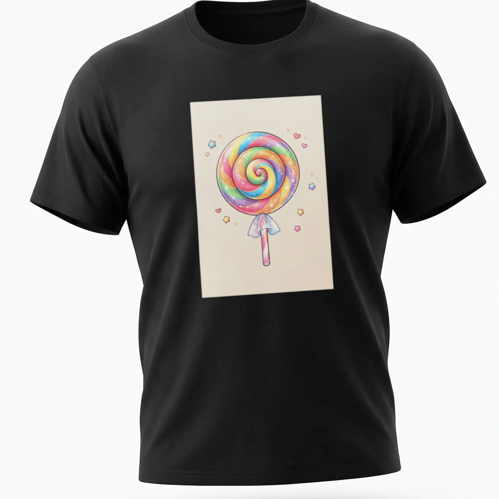 Kawaii pastel rainbow swirl lollipop design on a — printed on a unisex t-shirt