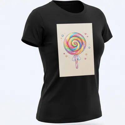 Kawaii pastel rainbow swirl lollipop design on a — printed on a women's shirt