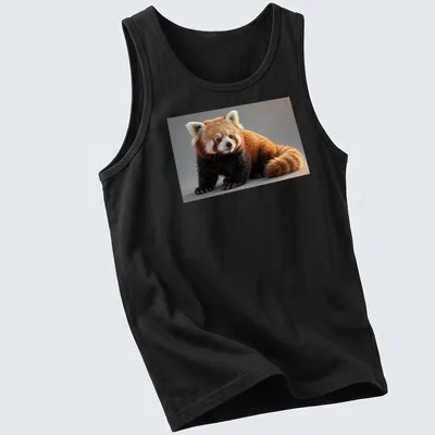 Realistic illustration of a cute red panda in orange, black, white, and brown tones — printed on a tank top
