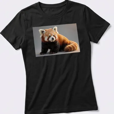 Realistic illustration of a cute red panda in orange, black, white, and brown tones — printed on a women's shirt