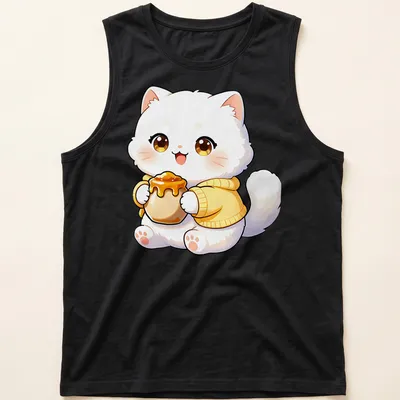 Kawaii illustration of a white Persian cat holding a honey pot, in yellow and brown tones — printed on a tank top