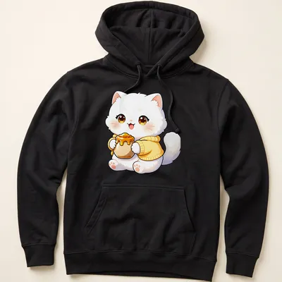 Kawaii illustration of a white Persian cat holding a honey pot, in yellow and brown tones — printed on a unisex hoodie