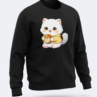Kawaii illustration of a white Persian cat holding a honey pot, in yellow and brown tones — printed on a unisex sweatshirt