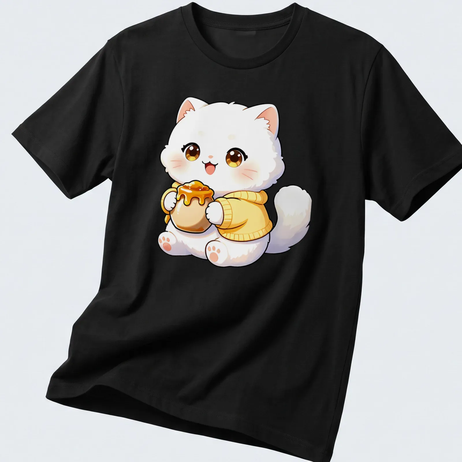 Kawaii illustration of a white Persian cat holding a honey pot, in yellow and brown tones — printed on a unisex t-shirt