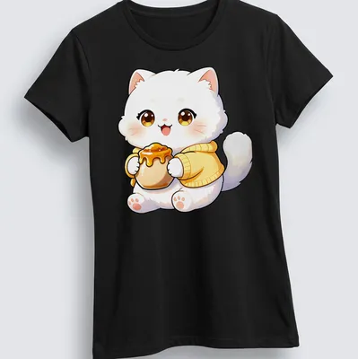 Kawaii illustration of a white Persian cat holding a honey pot, in yellow and brown tones — printed on a women's shirt