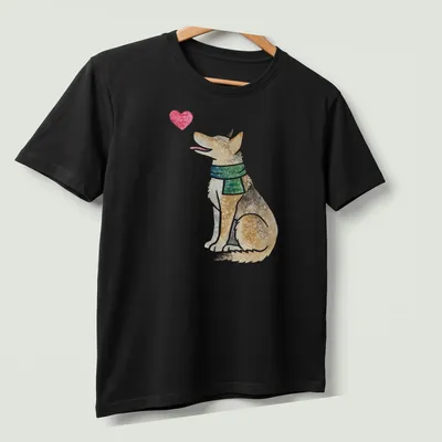 Watercolor design of a Czech Wolfdog surrounded by a heart motif in soft colors — printed on a unisex t-shirt (angled view)