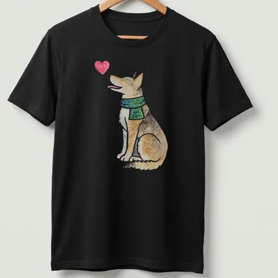 Watercolor design of a Czech Wolfdog surrounded by a heart motif in soft colors