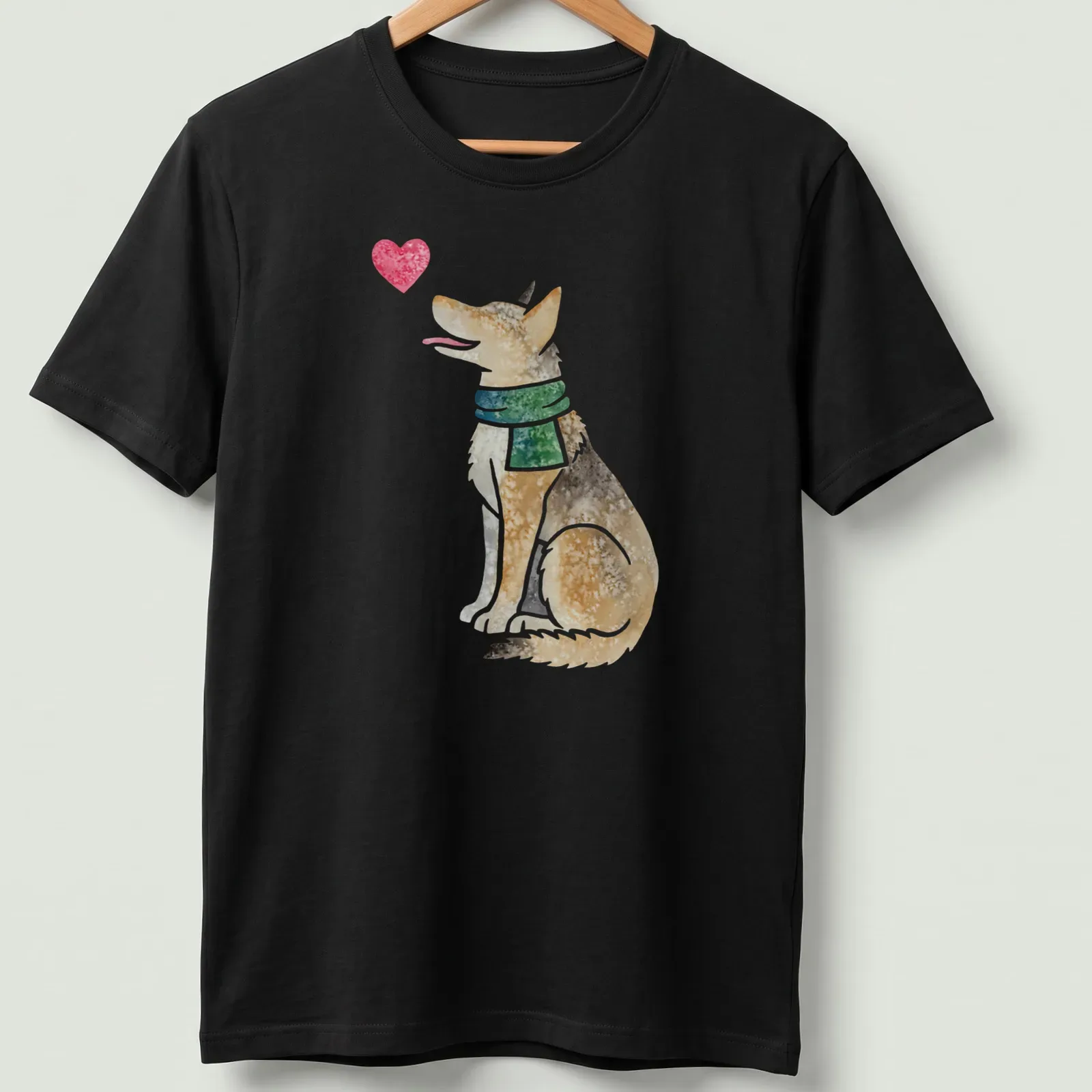 Watercolor design of a Czech Wolfdog surrounded by a heart motif in soft colors — printed on a unisex t-shirt