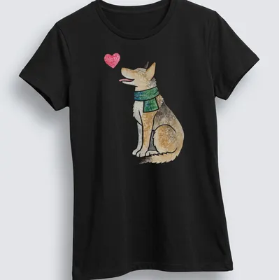 Watercolor design of a Czech Wolfdog surrounded by a heart motif in soft colors — printed on a women's shirt