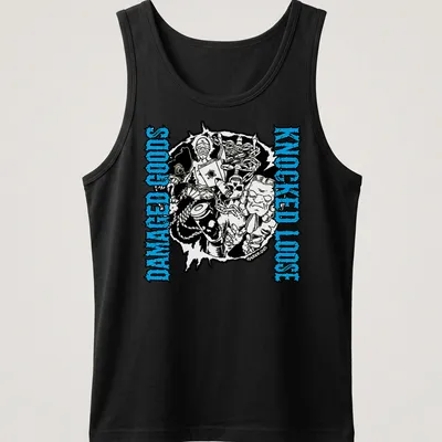 Bold graphic tee with the phrase 'Damaged Goods Knocked Loose' and chaotic illustrated characters in black, blue, and white. — printed on a tank top