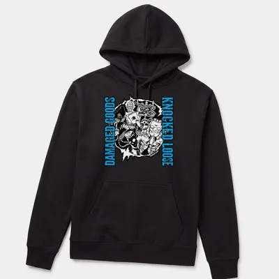 Bold graphic tee with the phrase 'Damaged Goods Knocked Loose' and chaotic illustrated characters in black, blue, and white. — printed on a unisex hoodie