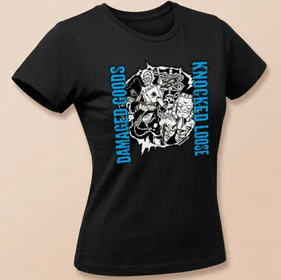Bold graphic tee with the phrase 'Damaged Goods Knocked Loose' and chaotic illustrated characters in black, blue, and white. — printed on a women's shirt