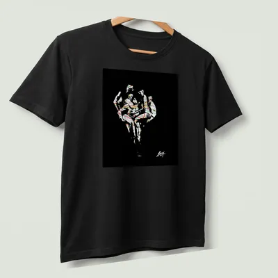 Abstract map art featuring dancers in motion with vibrant colors — printed on a unisex t-shirt (angled view)