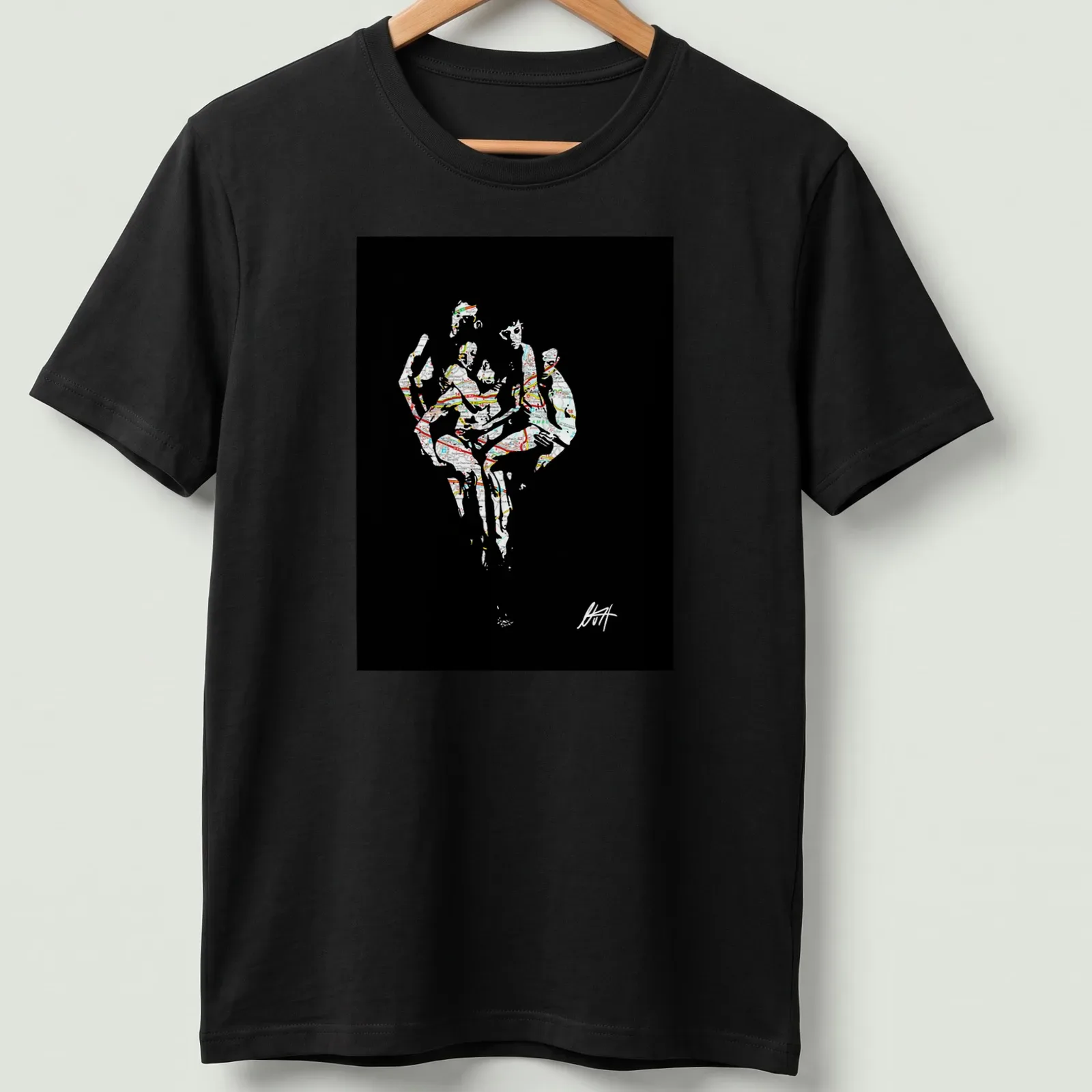 Abstract map art featuring dancers in motion with vibrant colors — printed on a unisex t-shirt