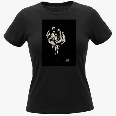 Abstract map art featuring dancers in motion with vibrant colors — printed on a women's shirt