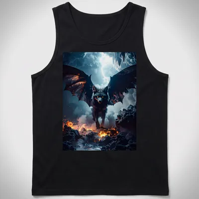 Dark fantasy wolf with wings in a mystical lava mist design — printed on a tank top