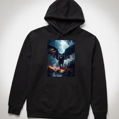 Dark fantasy wolf with wings in a mystical lava mist design — printed on a unisex hoodie