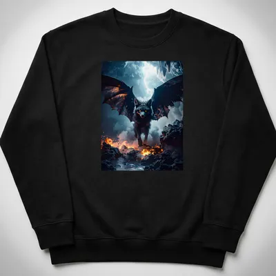 Dark fantasy wolf with wings in a mystical lava mist design — printed on a unisex sweatshirt