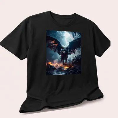 Dark fantasy wolf with wings in a mystical lava mist design — printed on a unisex t-shirt (angled view)