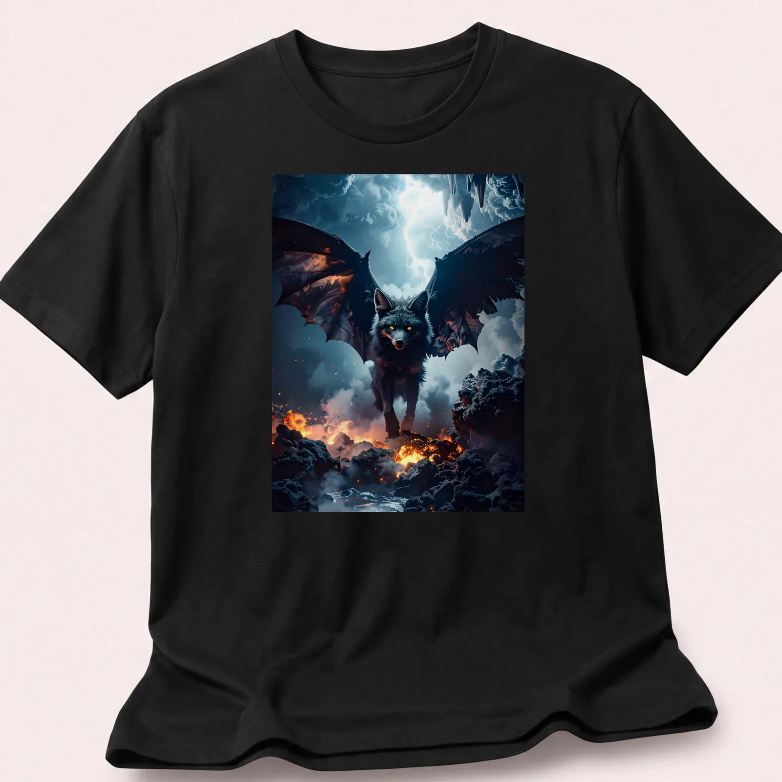 Dark fantasy wolf with wings in a mystical lava mist design — printed on a unisex t-shirt