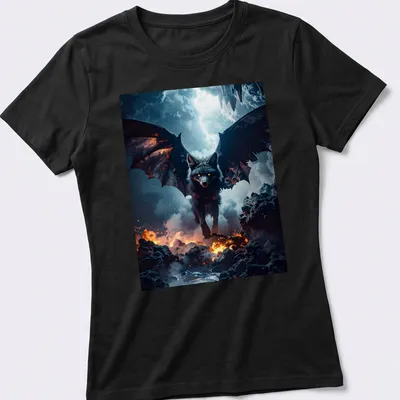 Dark fantasy wolf with wings in a mystical lava mist design — printed on a women's shirt
