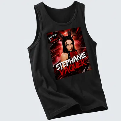 Bold shirt featuring a female character with horns and dramatic colors — printed on a tank top