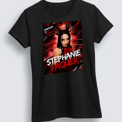Bold shirt featuring a female character with horns and dramatic colors — printed on a women's shirt