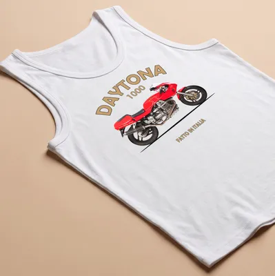 Bold retro Daytona 1000 motorcycle t-shirt with red bike illustration and text — printed on a tank top