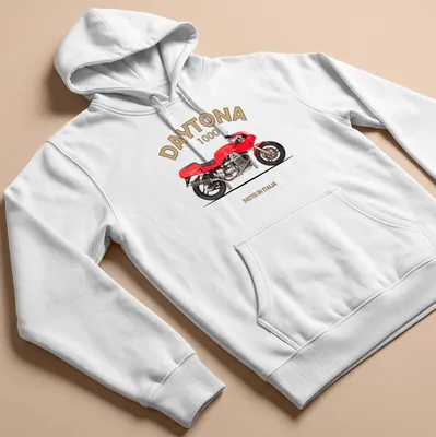 Bold retro Daytona 1000 motorcycle t-shirt with red bike illustration and text — printed on a unisex hoodie