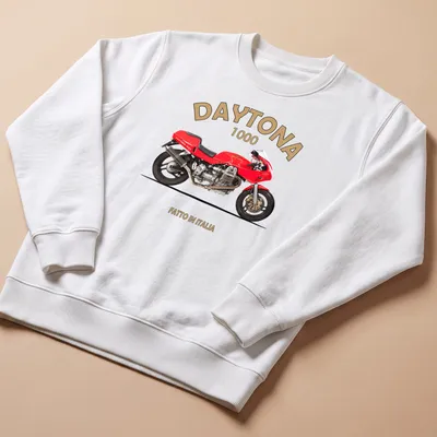 Bold retro Daytona 1000 motorcycle t-shirt with red bike illustration and text — printed on a unisex sweatshirt
