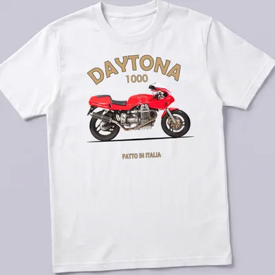 Bold retro Daytona 1000 motorcycle t-shirt with red bike illustration and text