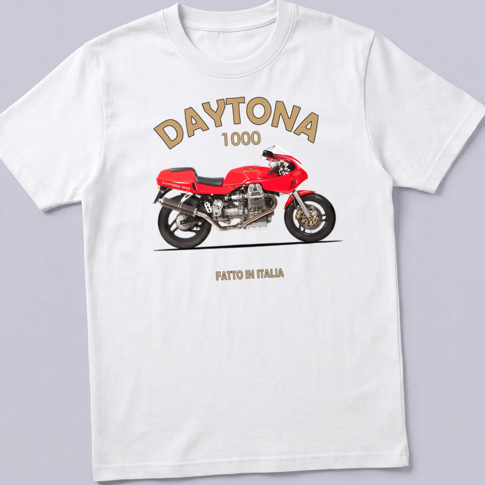 Bold retro Daytona 1000 motorcycle t-shirt with red bike illustration and text — printed on a unisex t-shirt