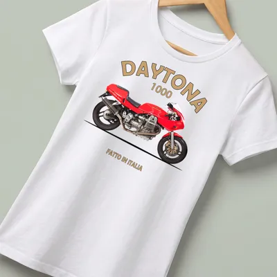 Bold retro Daytona 1000 motorcycle t-shirt with red bike illustration and text — printed on a women's shirt