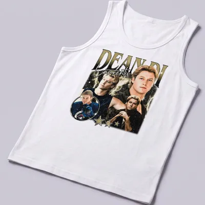 Vintage styled T-shirt featuring the name Dean Di Laurentis in black, gold, and white — printed on a tank top