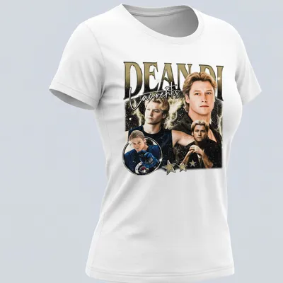 Vintage styled T-shirt featuring the name Dean Di Laurentis in black, gold, and white — printed on a women's shirt