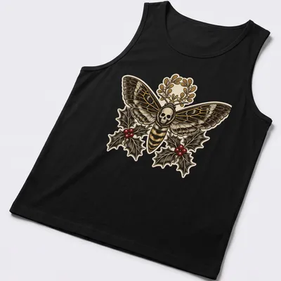 Gothic botanical design featuring a Death's Head Moth with floral elements — printed on a tank top