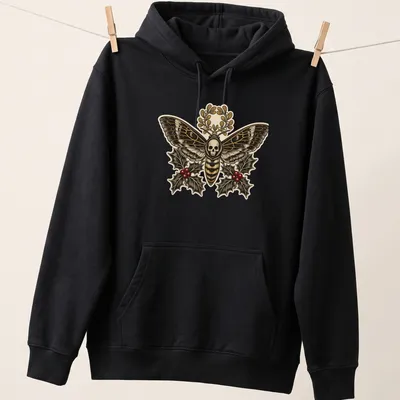 Gothic botanical design featuring a Death's Head Moth with floral elements — printed on a unisex hoodie