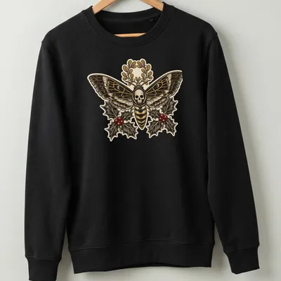 Gothic botanical design featuring a Death's Head Moth with floral elements — printed on a unisex sweatshirt