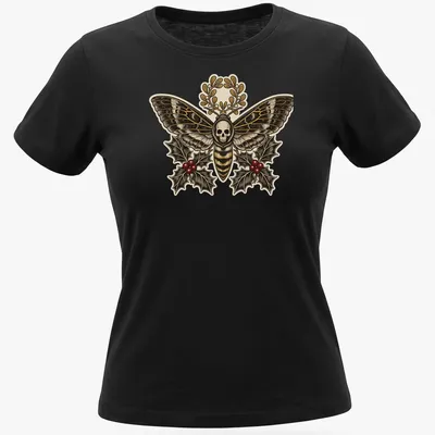Gothic botanical design featuring a Death's Head Moth with floral elements — printed on a women's shirt