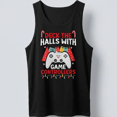 Colorful festive design with game controllers and holiday text — printed on a tank top