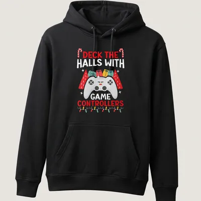 Colorful festive design with game controllers and holiday text — printed on a unisex hoodie